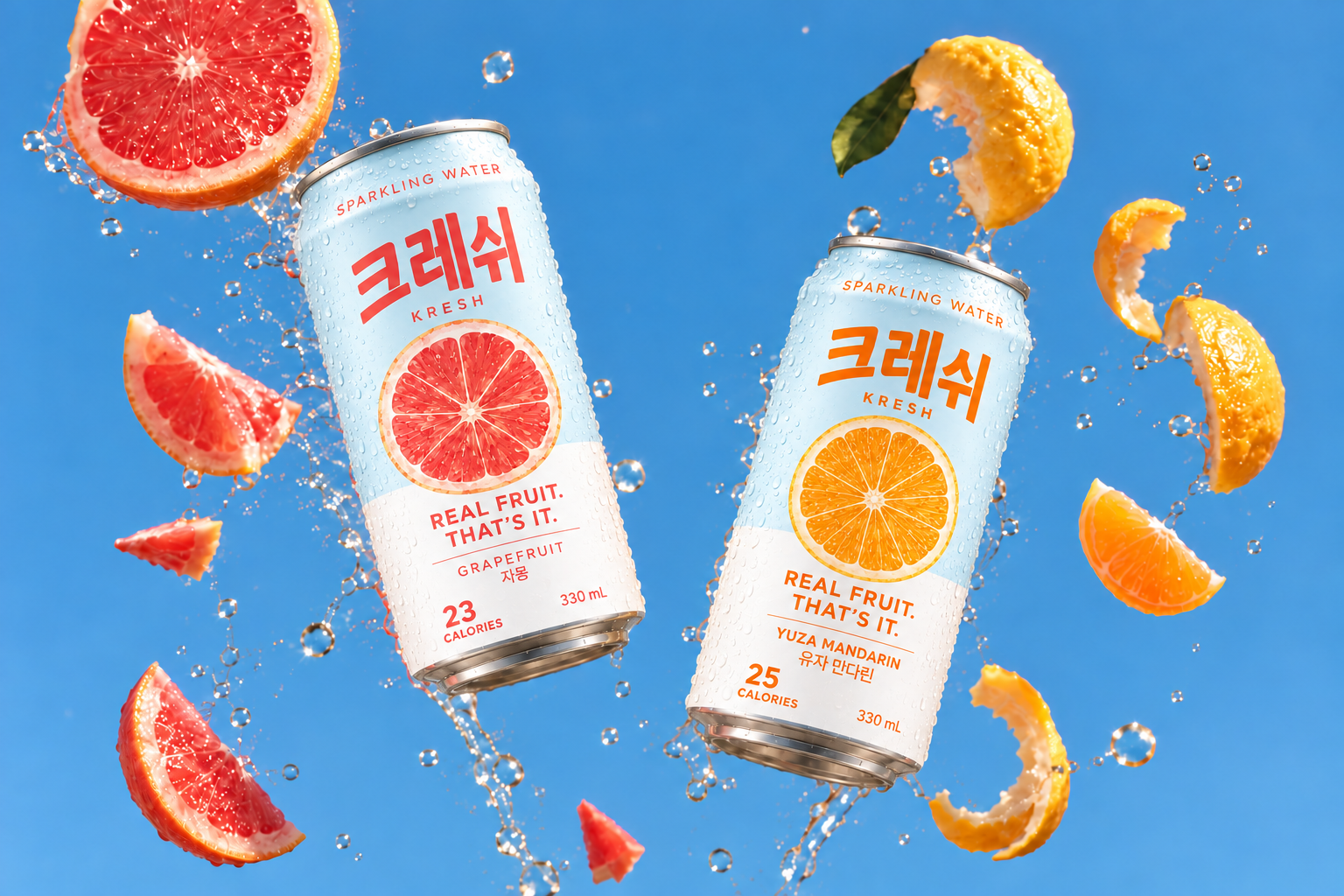 파란 배경에 떠 있는 크레쉬 자몽·유자 만다린 캔과 신선한 과일 조각